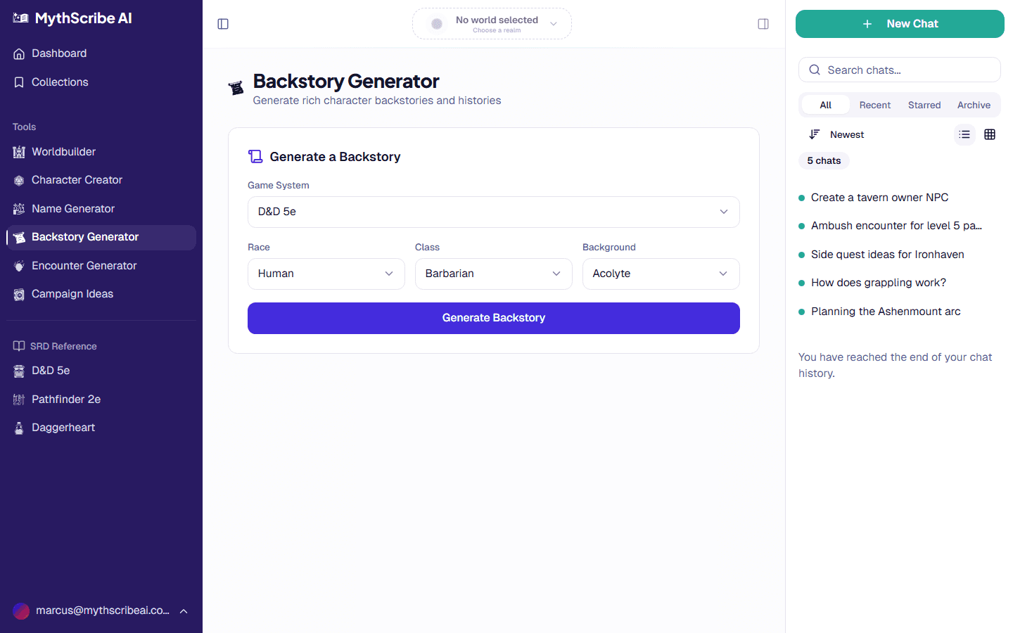 Backstory generator with character concept input and AI-generated narrative