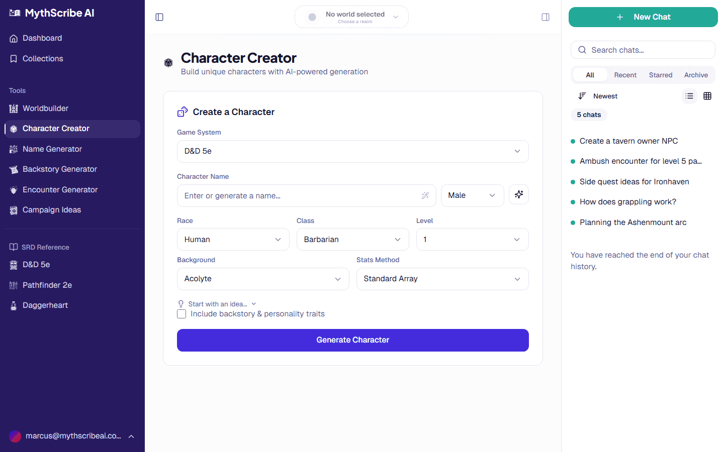 Character creator with full stat blocks, race/class selection, and AI generation