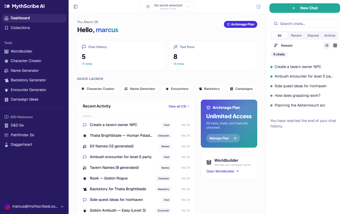 MythScribe AI dashboard with campaign tools, world selector, and chat
