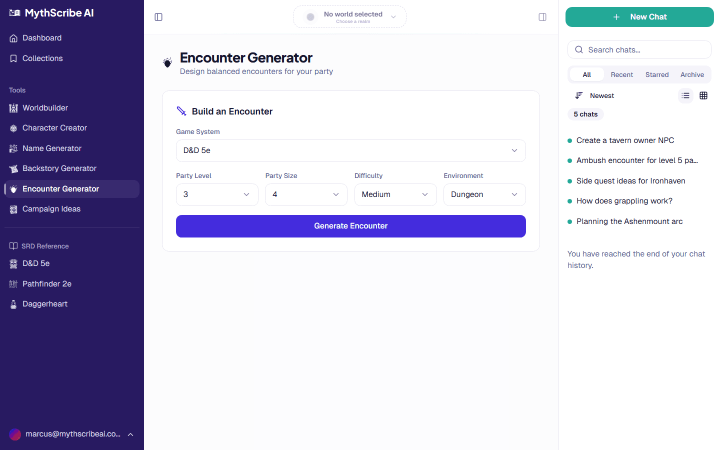 Encounter generator with party level, difficulty, and AI-balanced results