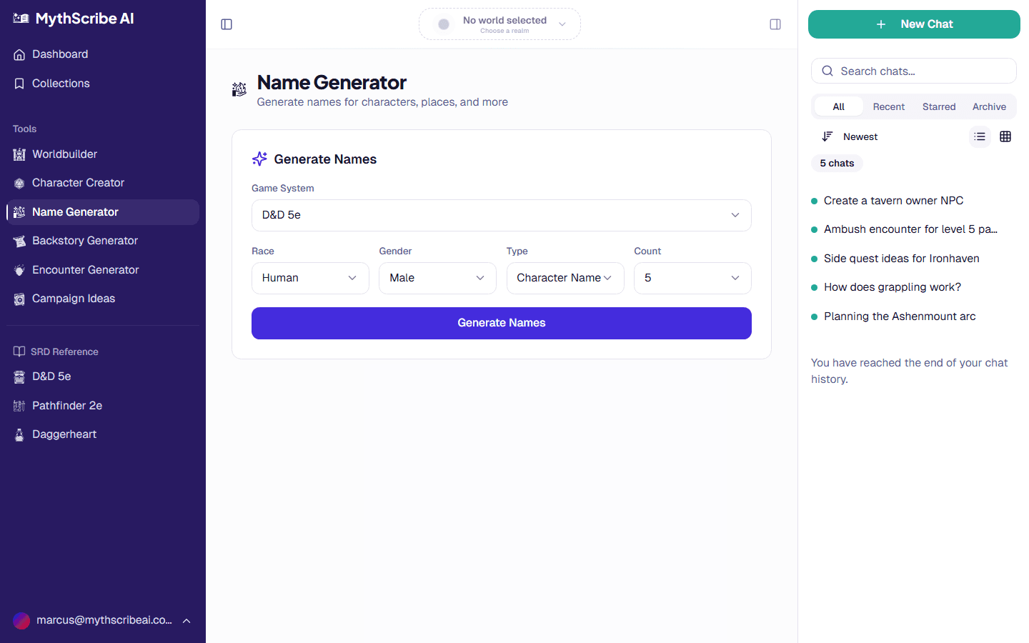 Name generator with race selection and AI-generated lore-appropriate names