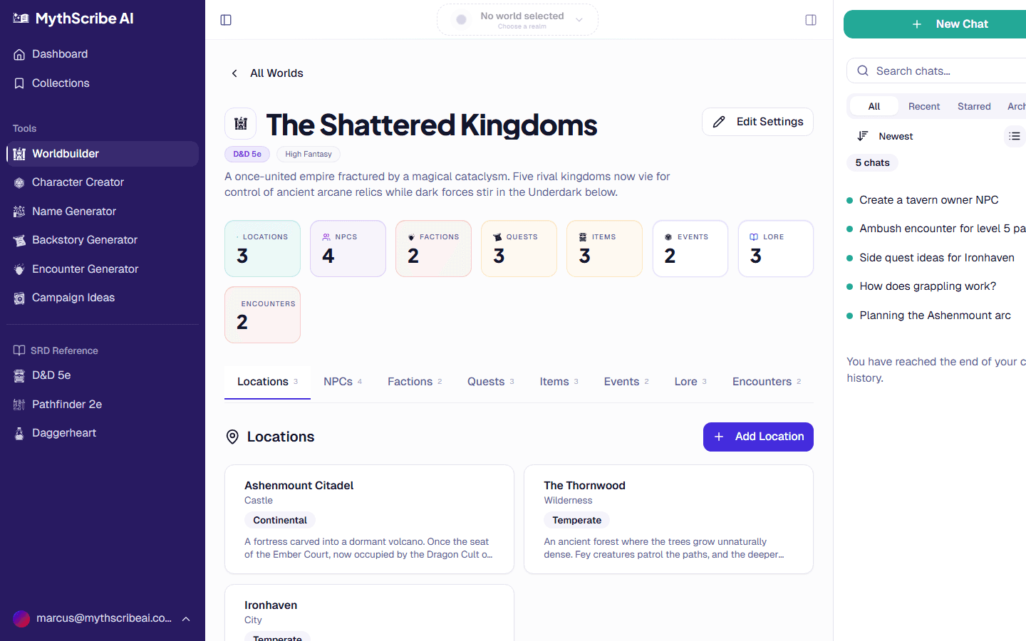 MythScribe AI worldbuilder with structured entity types
