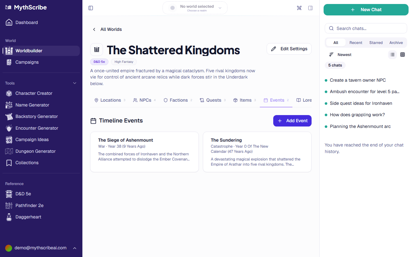 Events tab showing timeline entries