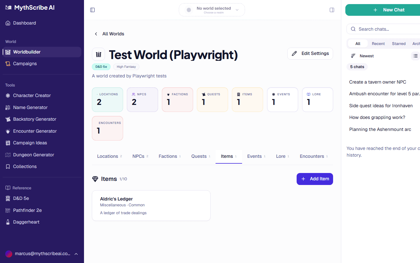 Worldbuilder items tab showing magic items with rarity badges