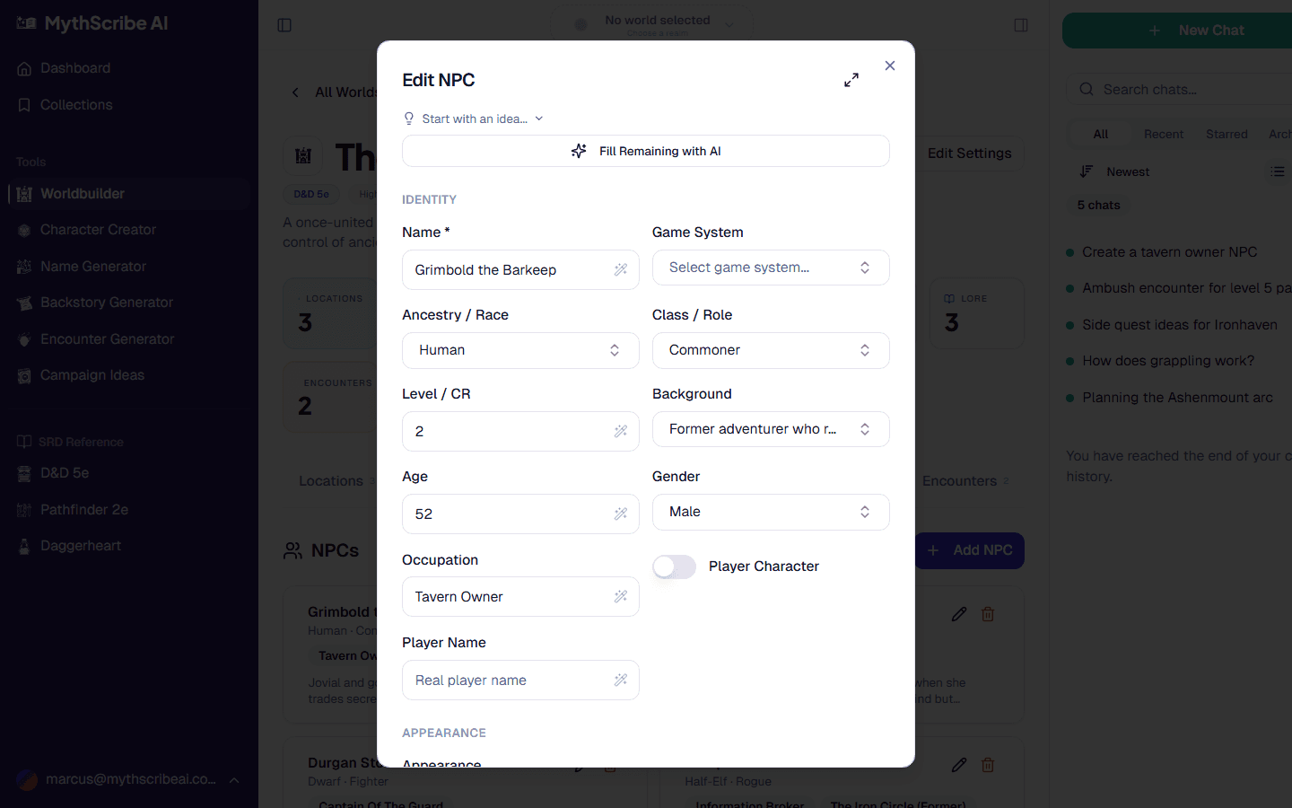 D&D NPC generator showing a fully detailed NPC with personality, motivation, stat block, and backstory